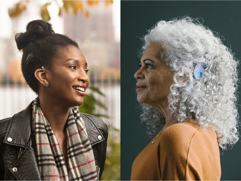 Woman with SONNET 2 audio processor and woman with RONDO 3 audio processor looking at each other