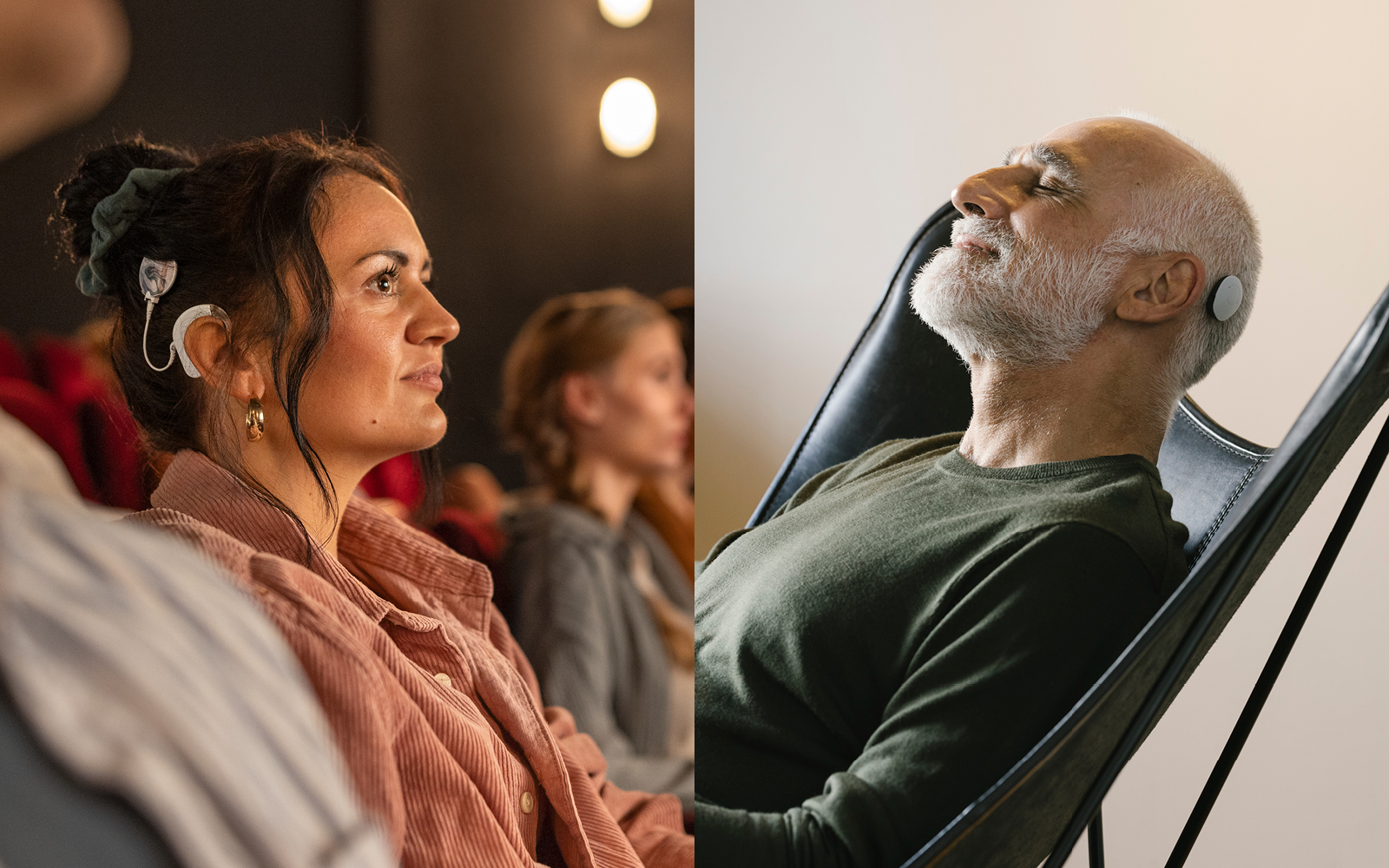 Two people with hearing implants, one has sensorineural and the other has conductive hearing loss