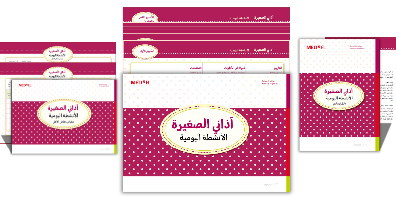 يتكون دليل أنشطة يوميات ®LittlEARS (باللغة العربية) من ثلاثة أجزاء رئيسية: كتيب الدليل: يوضح كيفية استخدام الأنشطة وتطبيقها بفعالية. الأنشطة اليومية: تتضمن 28 نشاطًا صُممت خصيصًا لتزويد العائلات بأفكار عملية ومبتكرة لتطوير مهارات الاستماع واللغة لدى الطفل. مقياس تقييم التفاعل الأسري: يُستخدم لدعم أخصائي التأهيل في تقييم سلوكيات التواصل الهامة والمتبادلة بين الطفل ومقدم الرعاية.