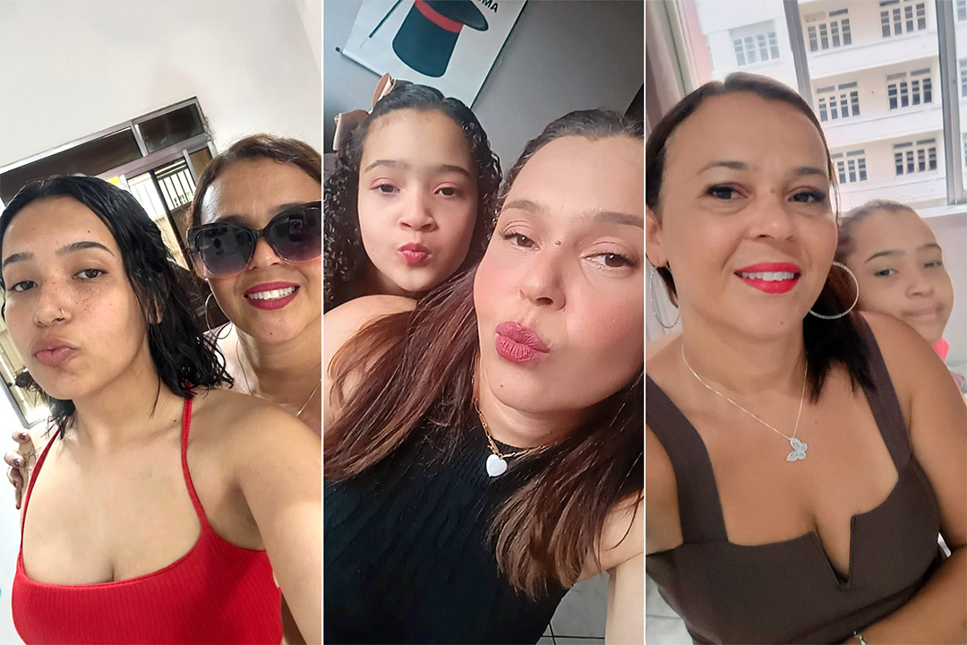 Montagem com três fotos de Maria Angélica ao lado de cada uma de suas três filhas em registros do cotidiano.